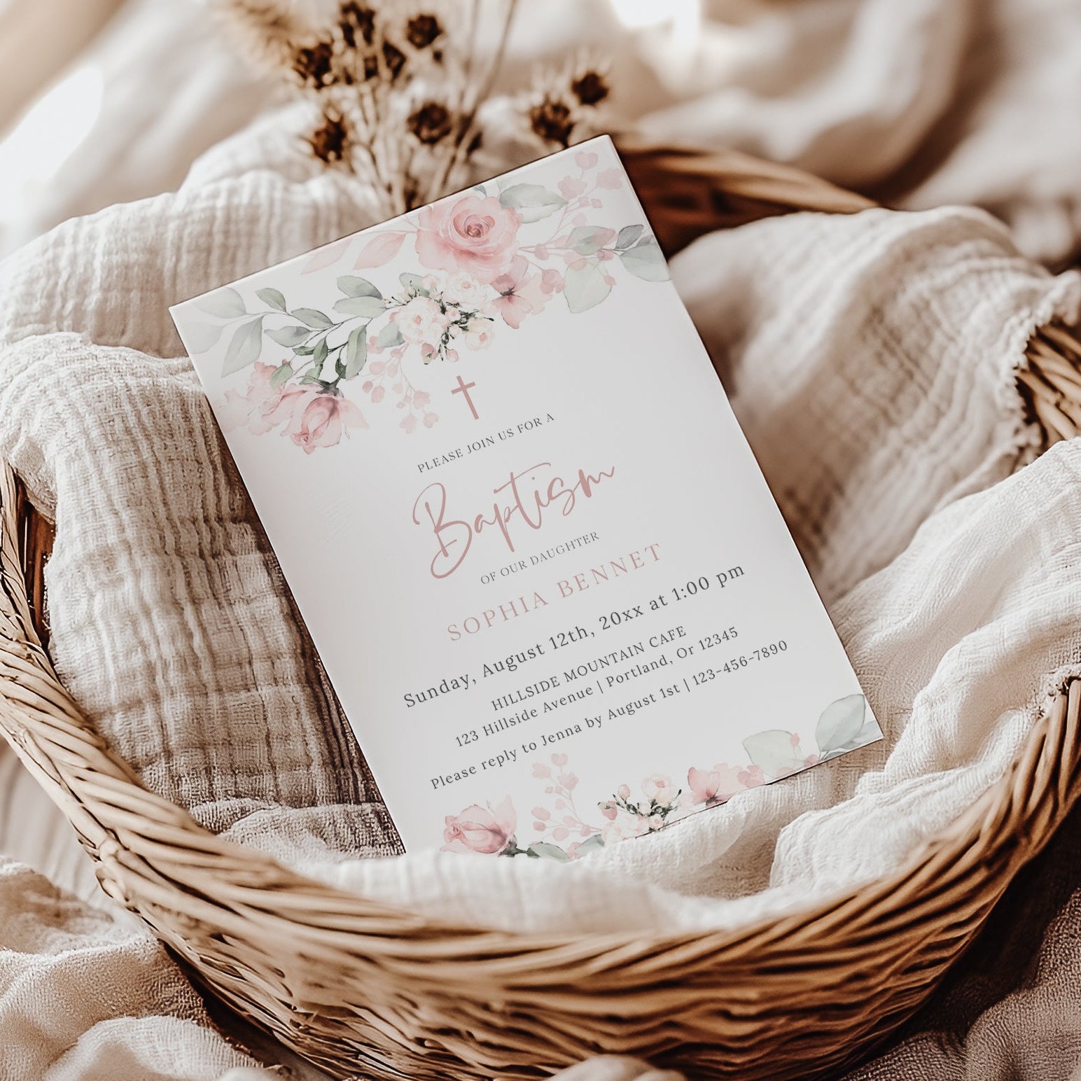 
Blush pink floral girl baptism invitation template with watercolor roses, sage greenery, and rose gold cross, editable in Canva