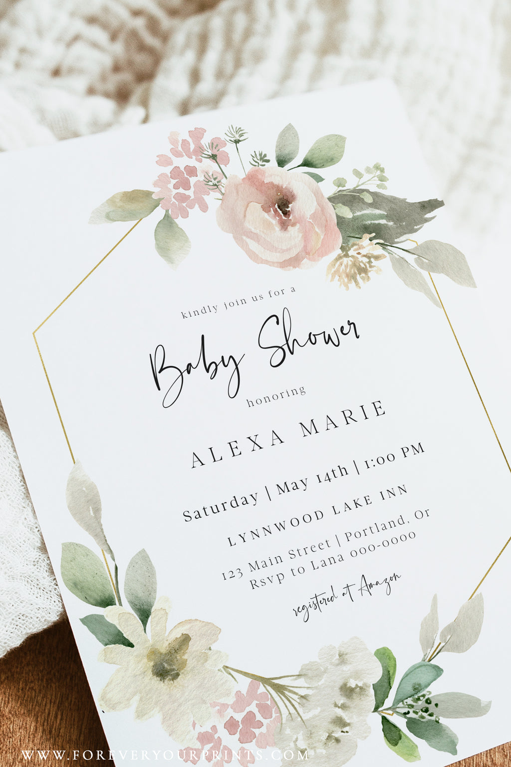 Baby Shower Invitation Blush Florals | www.foreveryourprints.com