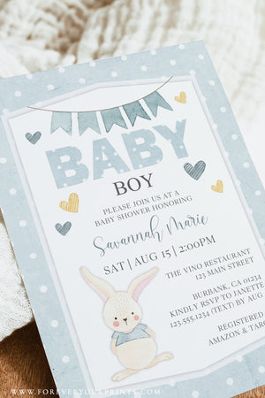 Bunny Baby Boy Shower Invitation | www.foreveryourprints.com