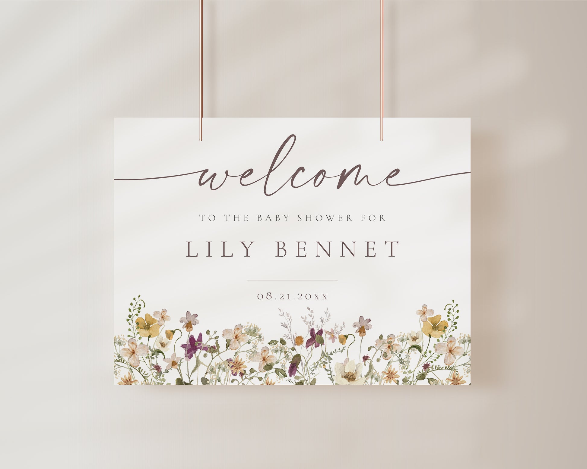 Horizontal wildflower baby shower welcome sign template with watercolor meadow flowers in yellow, purple, and cream, editable in Canva