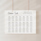 Modern wedding seating chart sign with minimalist typography and horizontal layout