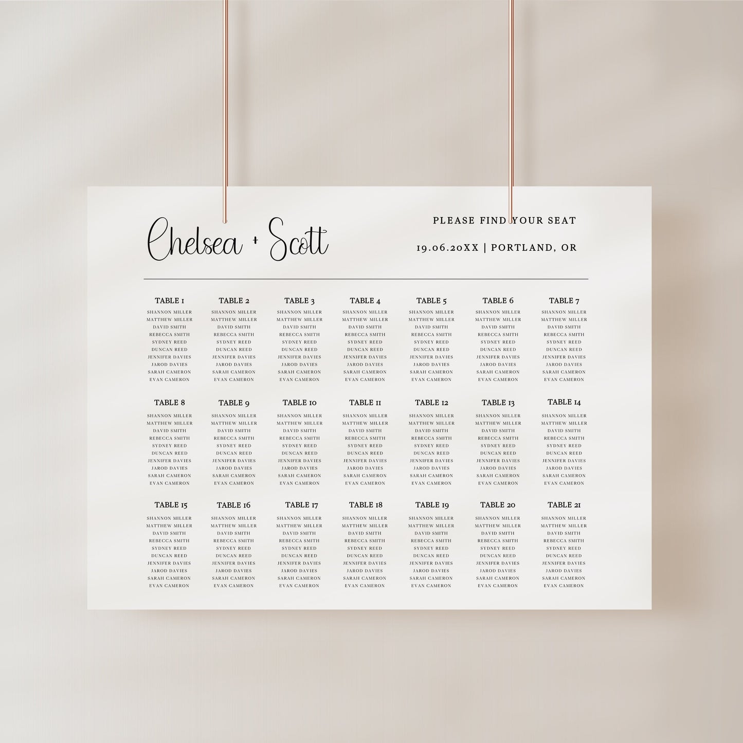 Modern wedding seating chart sign with minimalist typography and horizontal layout