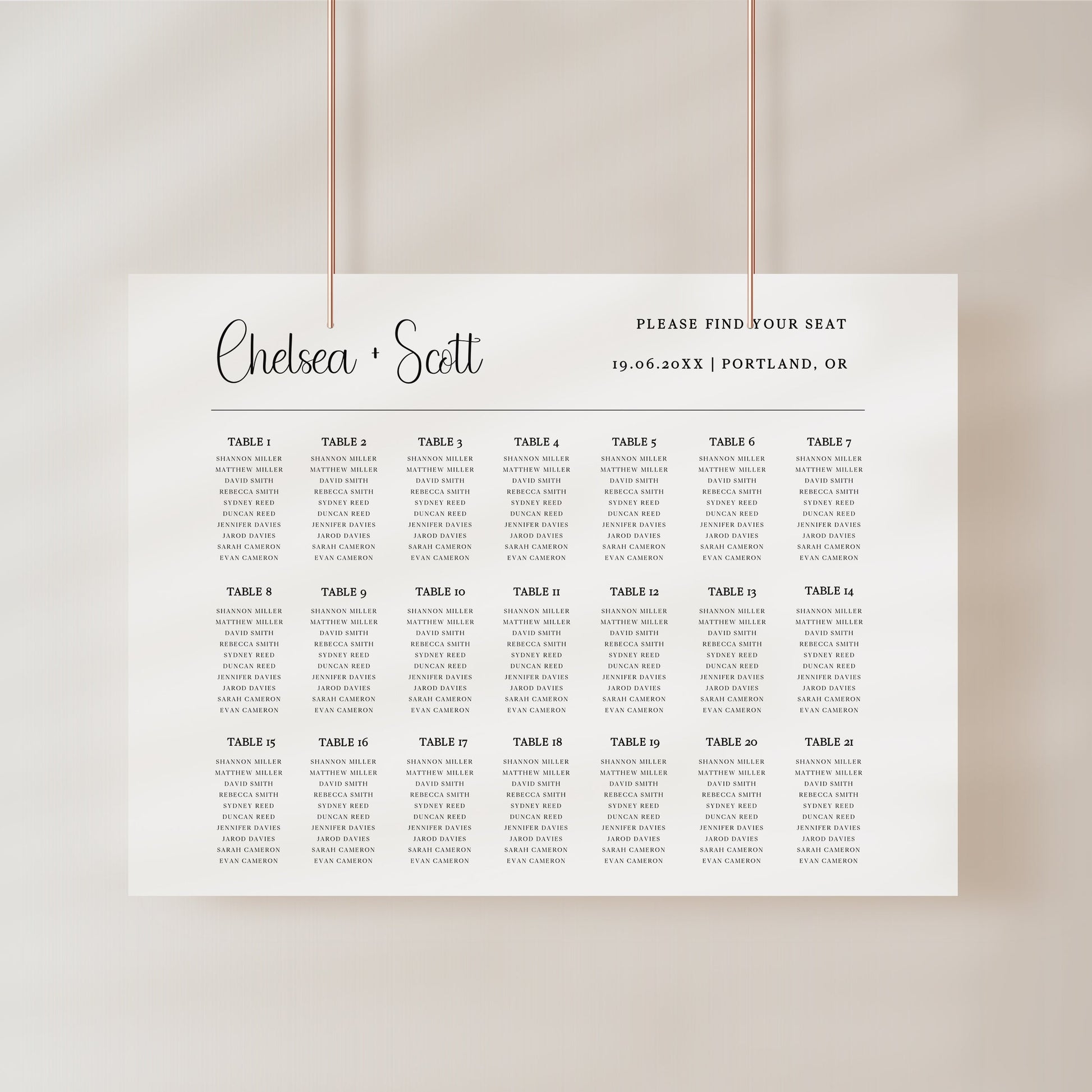 Modern wedding seating chart sign with minimalist typography and horizontal layout