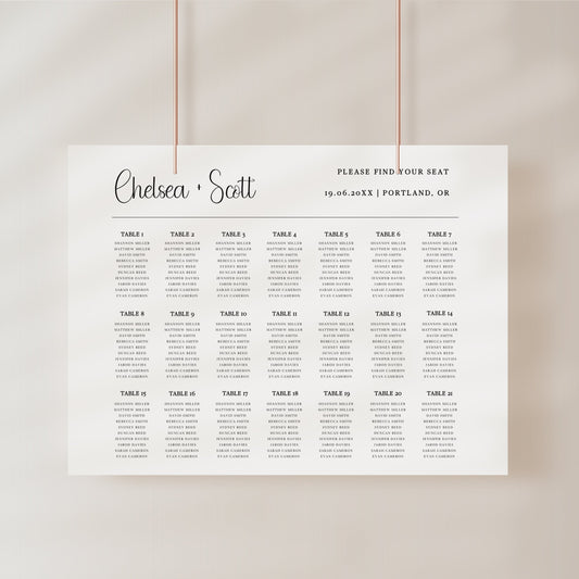Modern wedding seating chart sign with minimalist typography and horizontal layout