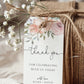 Dusty rose floral wedding thank you gift tag template with watercolor anemones and roses in peach and mauve with sage greenery, editable in Canva