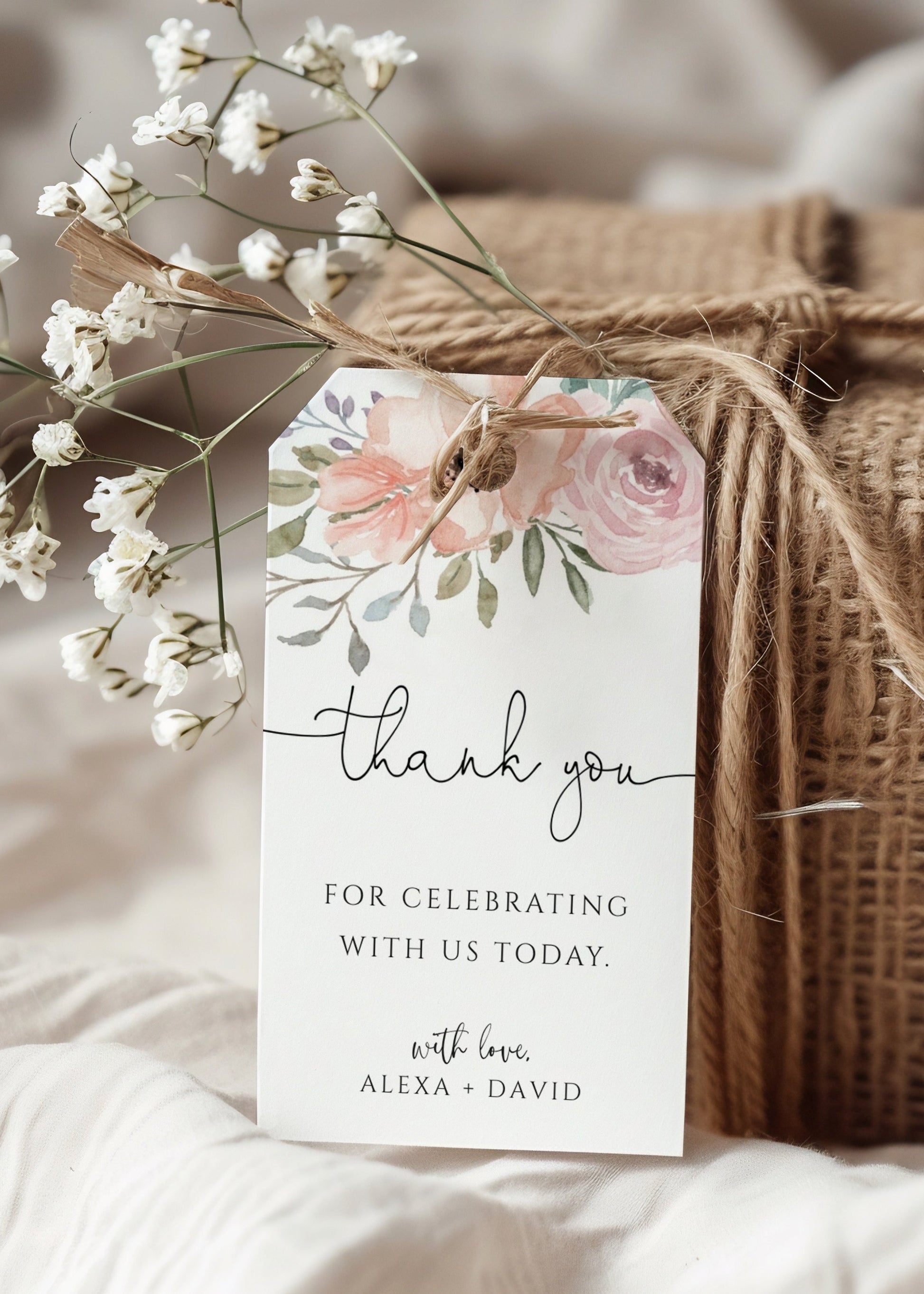 Dusty rose floral wedding thank you gift tag template with watercolor anemones and roses in peach and mauve with sage greenery, editable in Canva