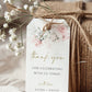 Blush pink floral wedding thank you gift tag template with watercolor roses, sage greenery, and gold script typography, editable in Canva