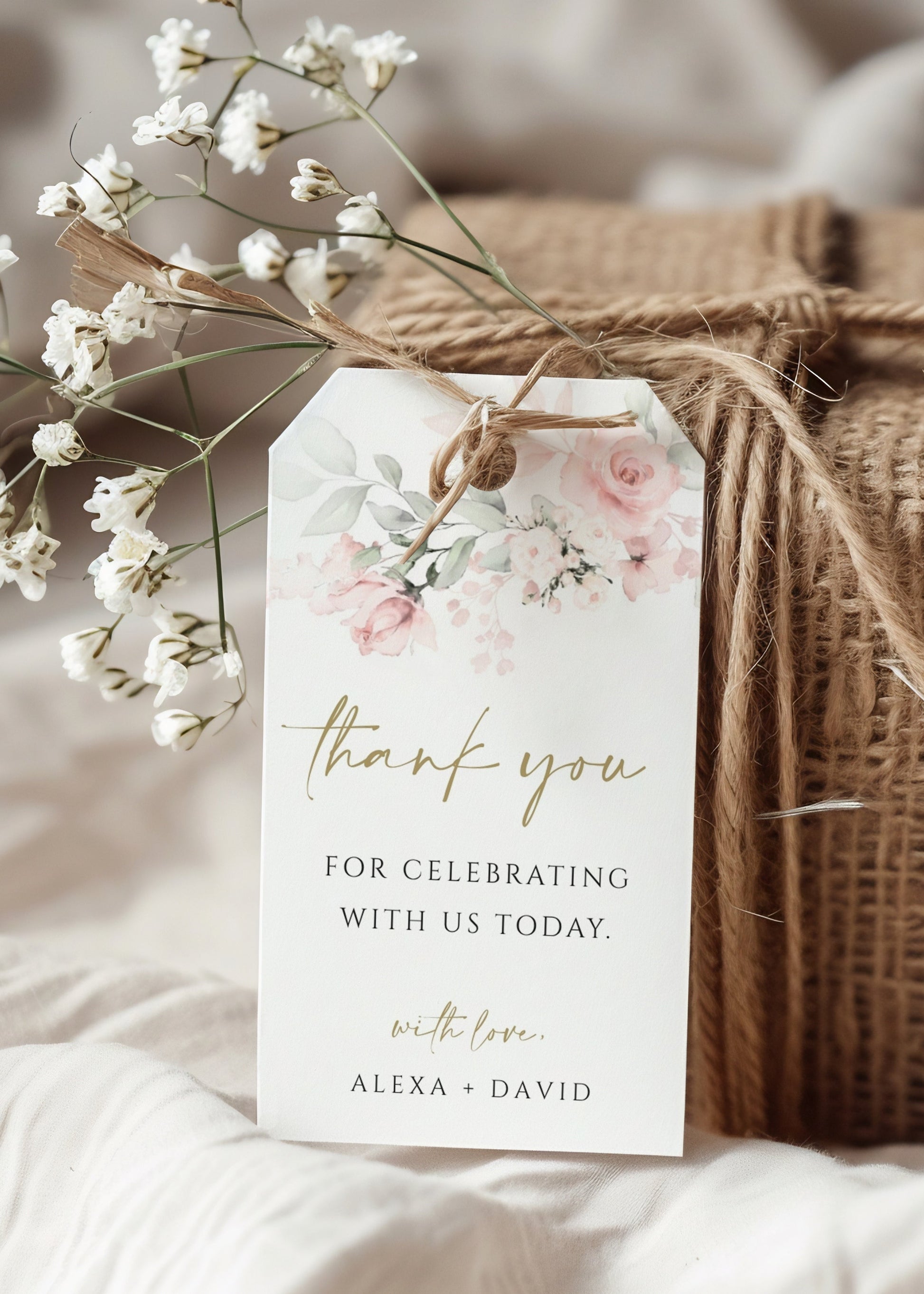 Blush pink floral wedding thank you gift tag template with watercolor roses, sage greenery, and gold script typography, editable in Canva