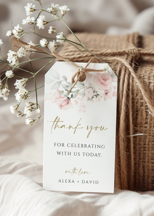 Blush pink floral wedding thank you gift tag template with watercolor roses, sage greenery, and gold script typography, editable in Canva