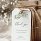 Greenery branch wedding thank you gift tag template with hand-painted watercolor botanical leaves and calligraphy script, editable in Canva