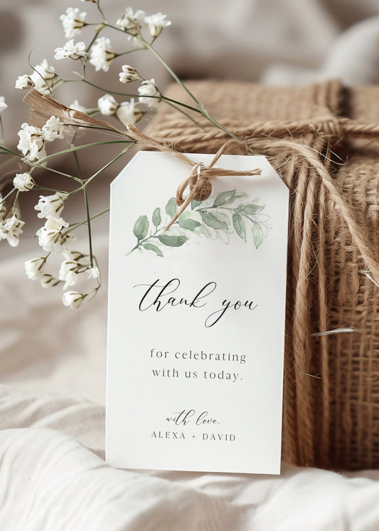 Greenery branch wedding thank you gift tag template with hand-painted watercolor botanical leaves and calligraphy script, editable in Canva
