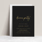Formal dinner party invitation with gold script on black background, perfect for elegant upscale events | www.foreveryourprints.com