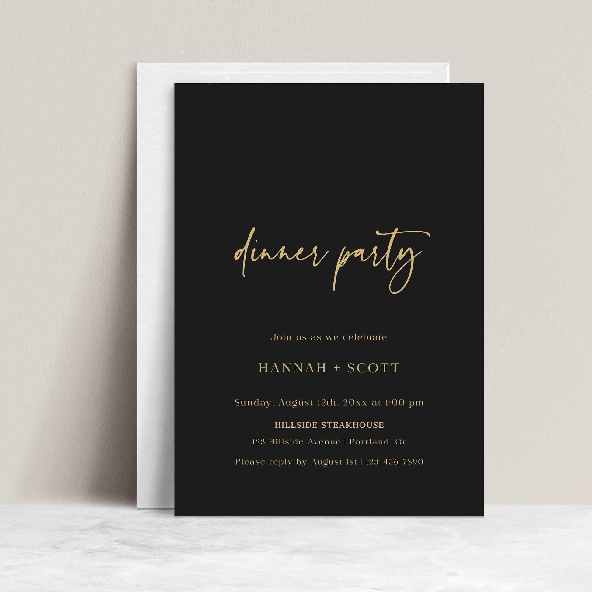 Formal dinner party invitation with gold script on black background, perfect for elegant upscale events | www.foreveryourprints.com