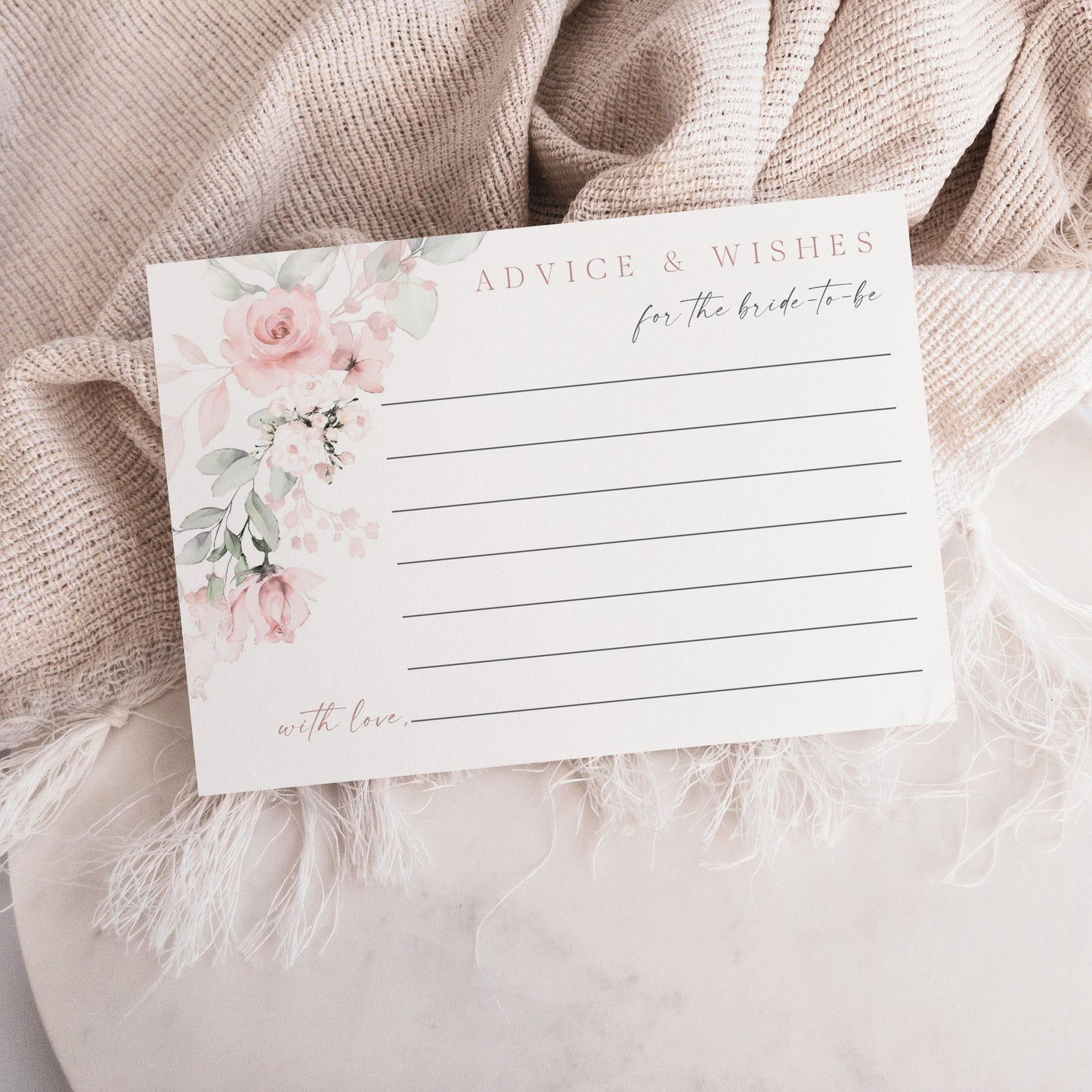 Blush pink floral advice and wishes for the bride card template with watercolor roses and sage greenery, editable in Canva