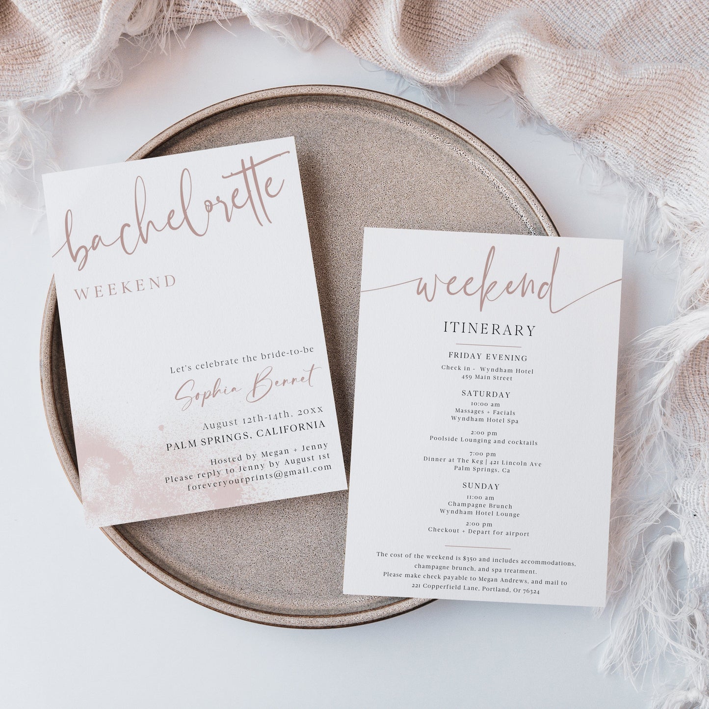 Latte toned bachelorette weekend invitation and itinerary set template with dusty rose calligraphy script and watercolor wash, editable in Canva
