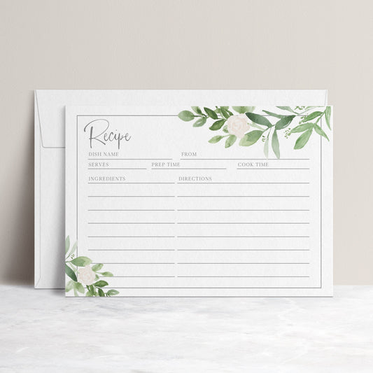 Greenery and white floral recipe card template with watercolor botanical branches and white roses in corner frames, editable in Canva
