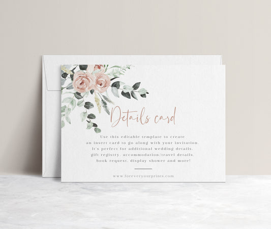 Blush floral and greenery wedding details enclosure card template with watercolor roses and eucalyptus botanicals and rose gold script, editable in Canva