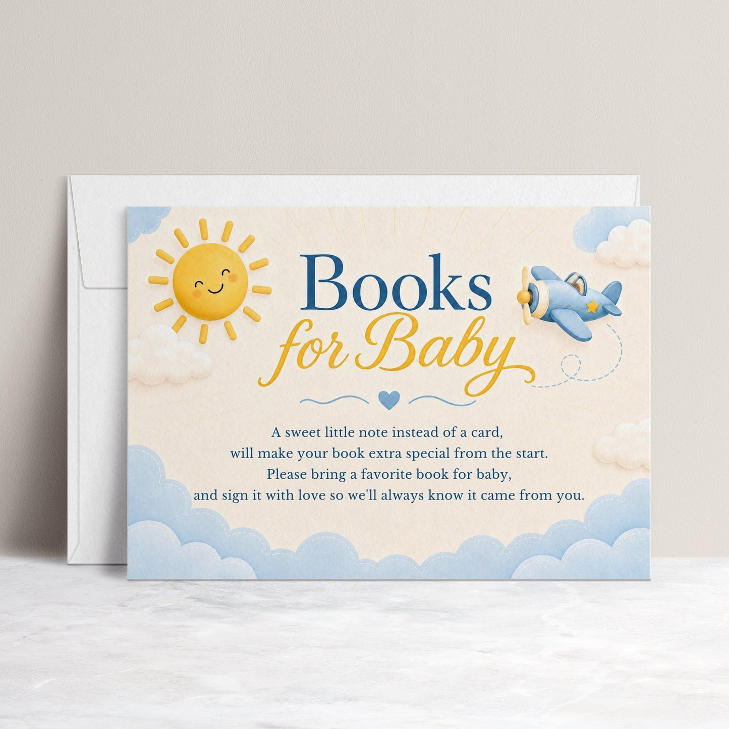 Editable here comes the son books for baby card Canva template with smiling sun, blue toy airplane, fluffy clouds, and navy and golden script typography on a warm cream background, landscape orientation