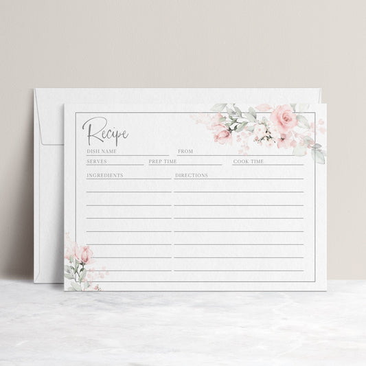 Blush pink floral recipe card template with watercolor roses and sage greenery in corner frames, editable in Canva