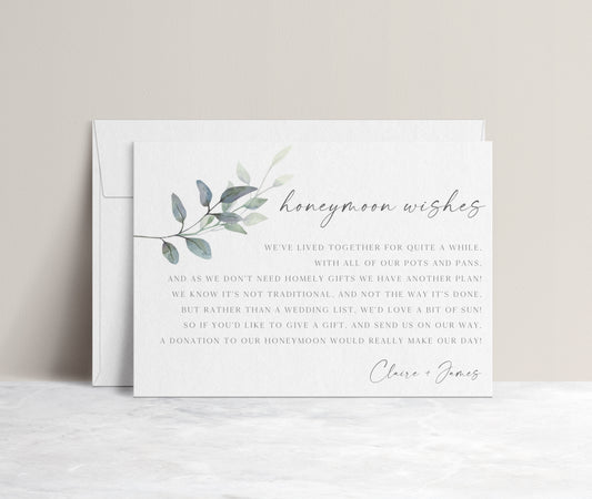 Greenery botanical honeymoon wishes card template with watercolor eucalyptus branch and calligraphy script, editable in Canva