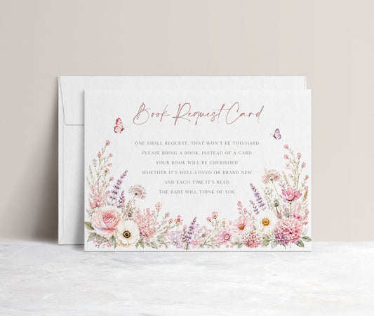 Editable wildflower books for baby request card Canva template with watercolour roses, lavender, daisies, and butterfly details on a white background, landscape orientation