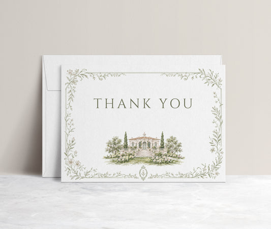 Garden estate wedding folded thank you card template with watercolor estate illustration and delicate sage botanical vine border, editable in Canva