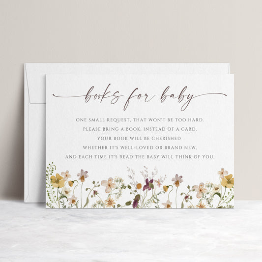 Wildflower books for baby shower insert card template with watercolor meadow flowers and dusty rose calligraphy script, editable in Canva
