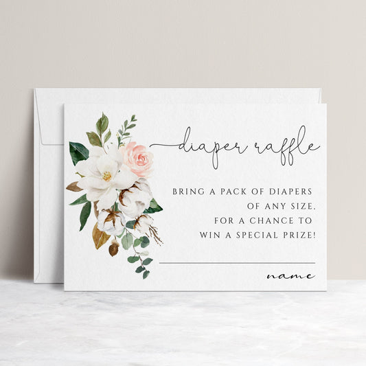 Magnolia floral baby shower diaper raffle card template with watercolor magnolias, blush roses, and cotton blooms, editable in Canva