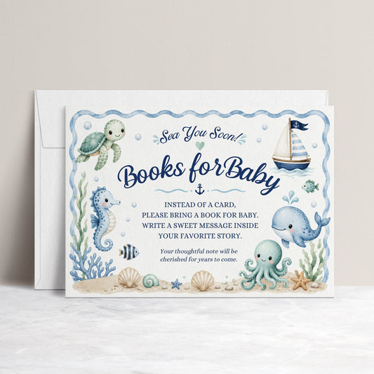 Editable under the sea books for baby card Canva template with watercolour sea turtle, whale, octopus, seahorse, sailboat, shells, and starfish in soft blue tones on a white background with wave border, landscape orientation
