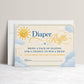 Editable here comes the son diaper raffle card Canva template with smiling sun, fluffy blue and white clouds, gold star accents, and navy and golden script typography on a warm cream background, landscape orientation