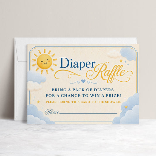 Editable here comes the son diaper raffle card Canva template with smiling sun, fluffy blue and white clouds, gold star accents, and navy and golden script typography on a warm cream background, landscape orientation