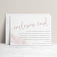 Editable enclosure card template with elegant script lettering in blush pink and white