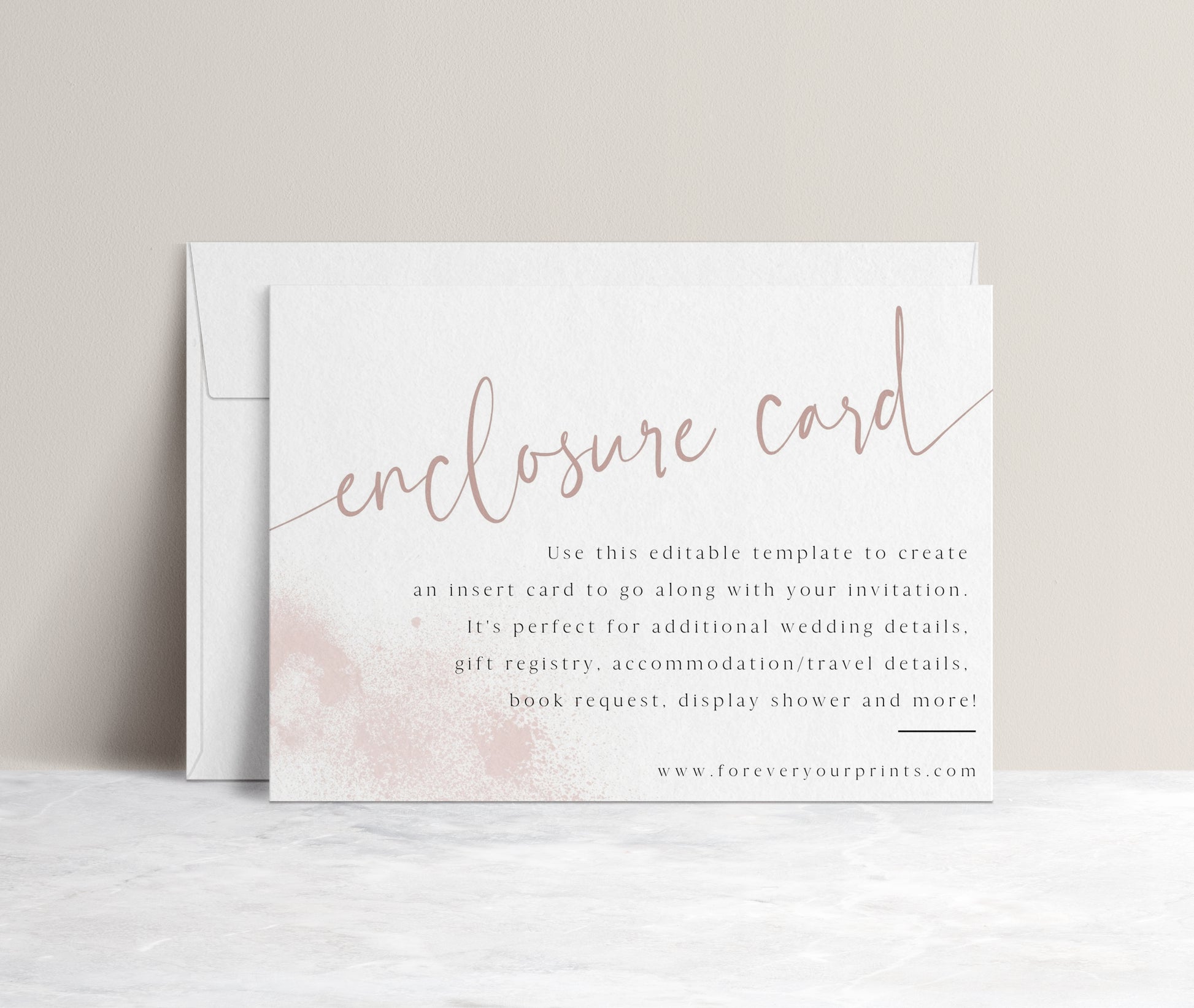 Editable enclosure card template with elegant script lettering in blush pink and white