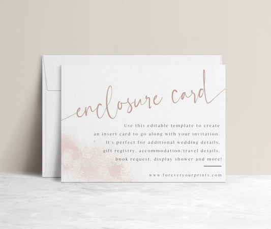 Editable enclosure card template with elegant script lettering in blush pink and white