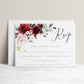 Burgundy floral wedding RSVP reply card template with watercolor roses in burgundy, blush, and cream with sage greenery, editable in Canva