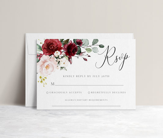 Burgundy floral wedding RSVP reply card template with watercolor roses in burgundy, blush, and cream with sage greenery, editable in Canva