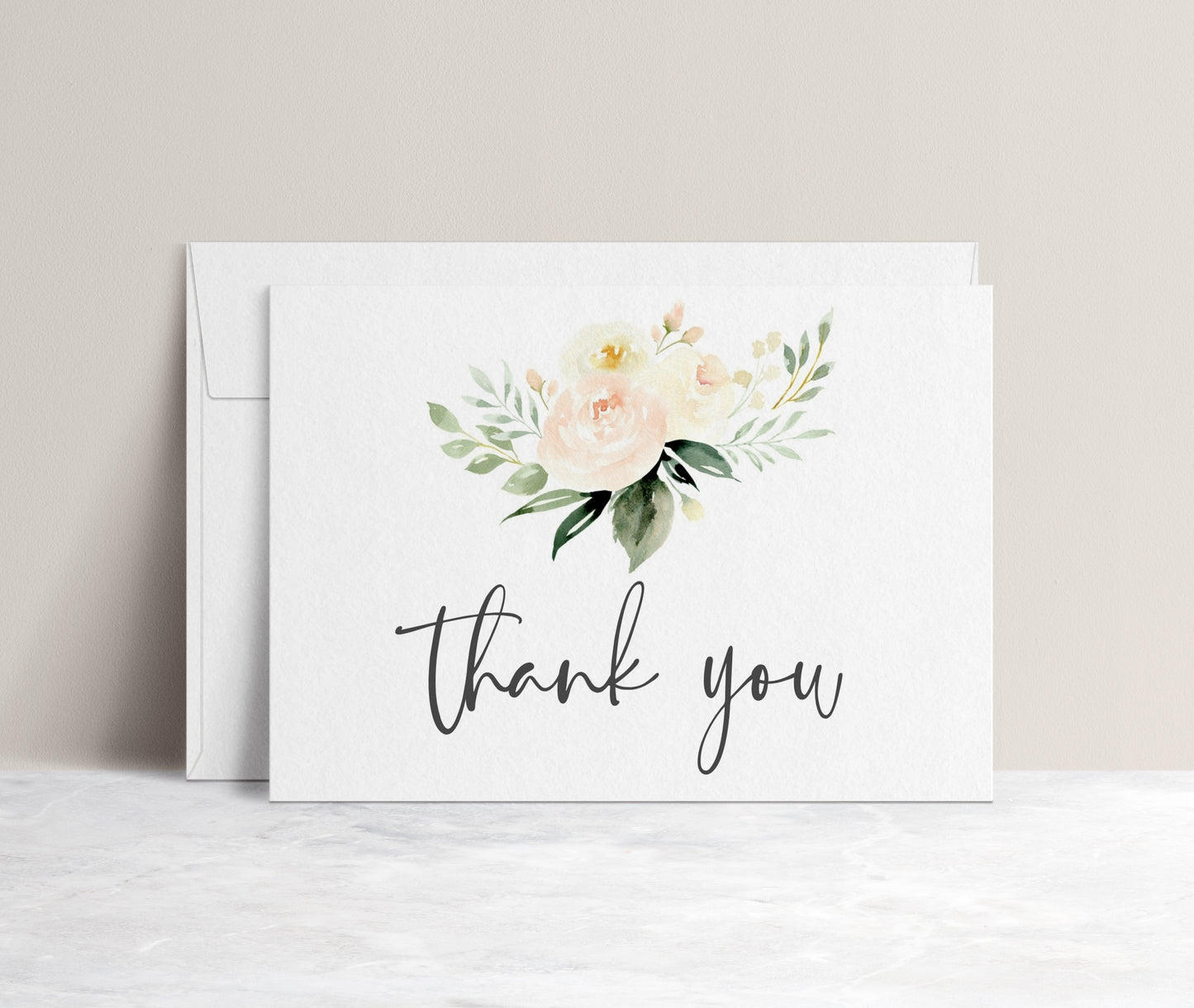 Blush floral folded thank you card template with watercolor roses and peonies in blush pink and cream with sage greenery, editable in Canva