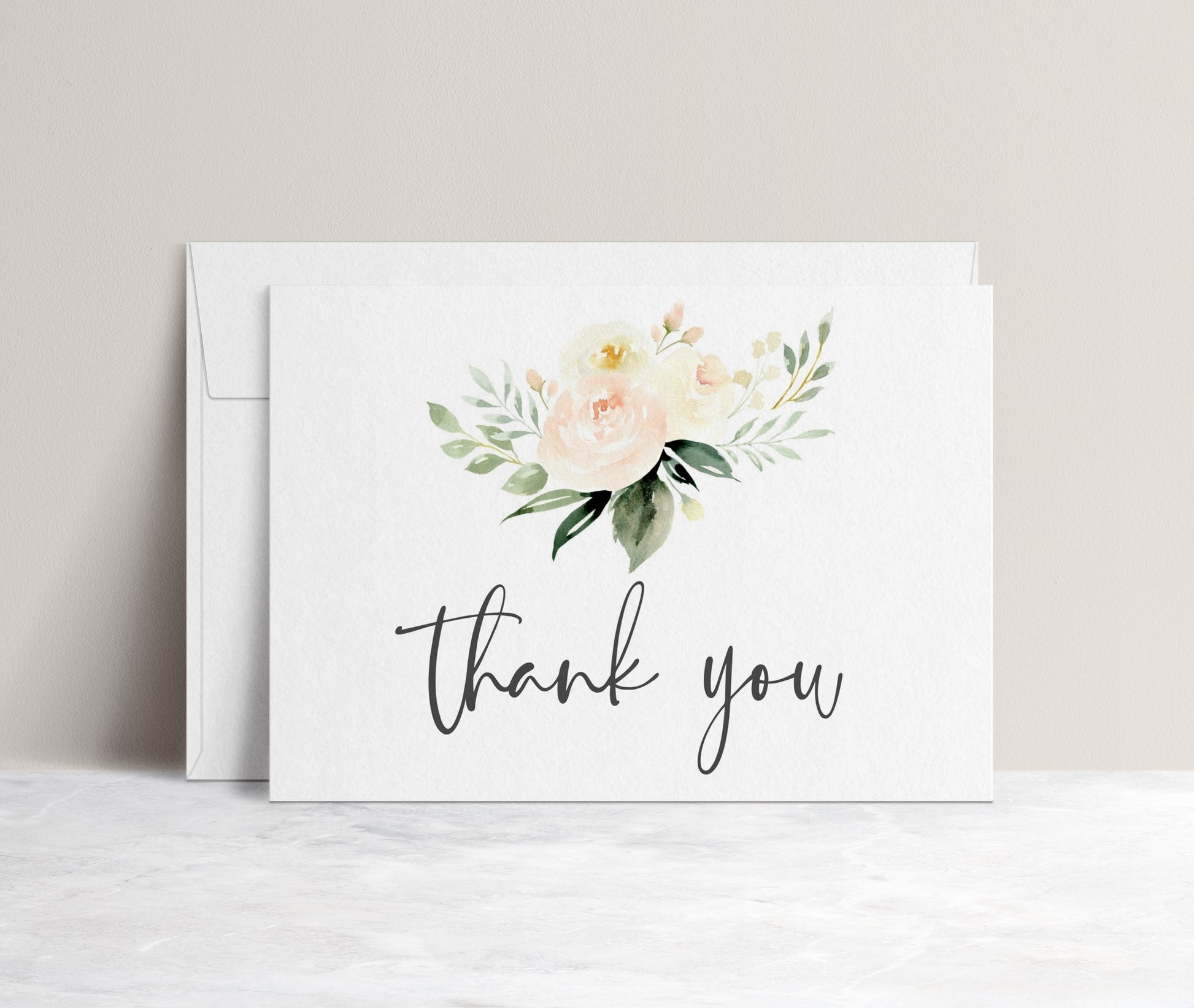Blush floral folded thank you card template with watercolor roses and peonies in blush pink and cream with sage greenery, editable in Canva