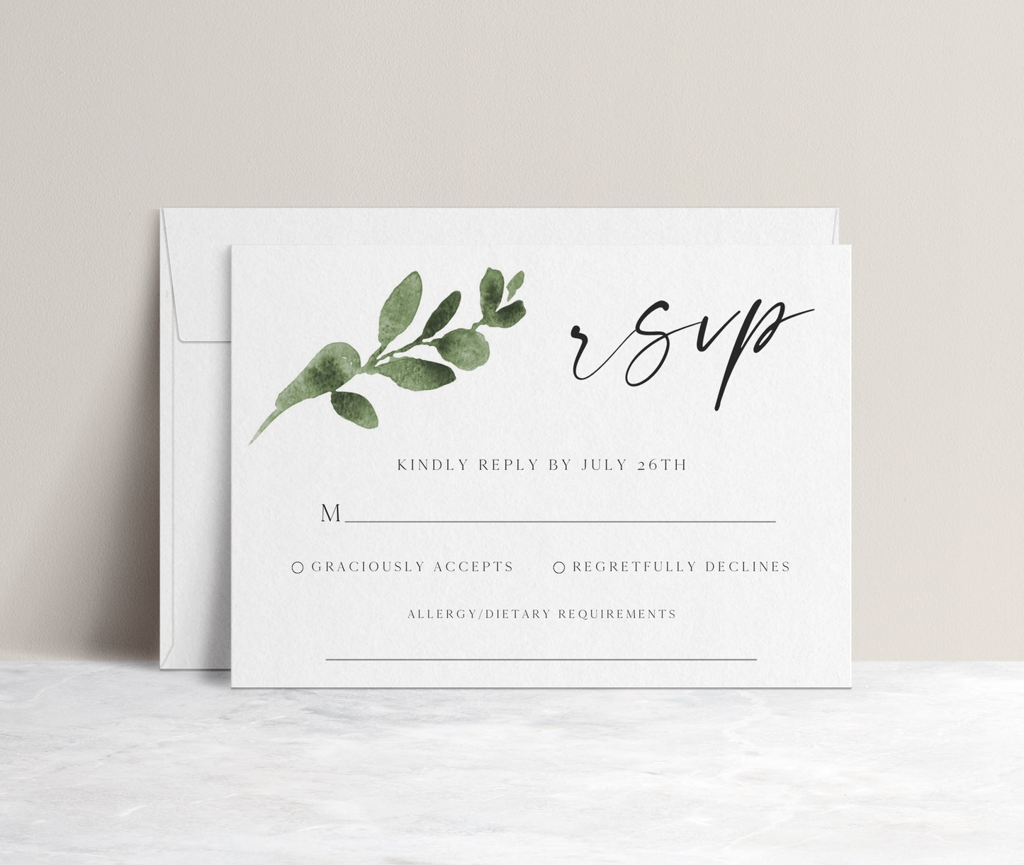 Greenery eucalyptus wedding RSVP reply card template with watercolor eucalyptus branch and calligraphy script, editable in Canva