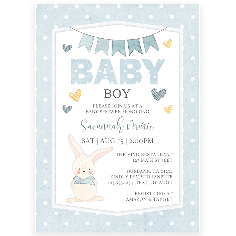 Bunny Baby Boy Shower Invitation | www.foreveryourprints.com