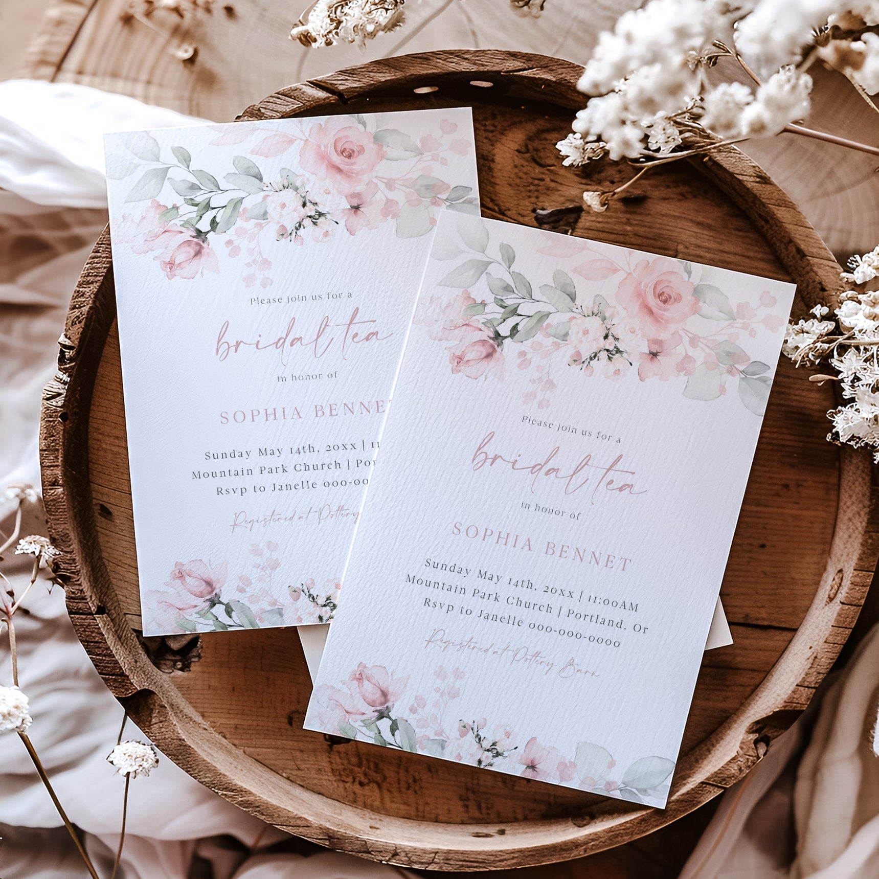 Blush pink and sage green watercolor floral bridal tea invitation template with roses and greenery, editable in Canva