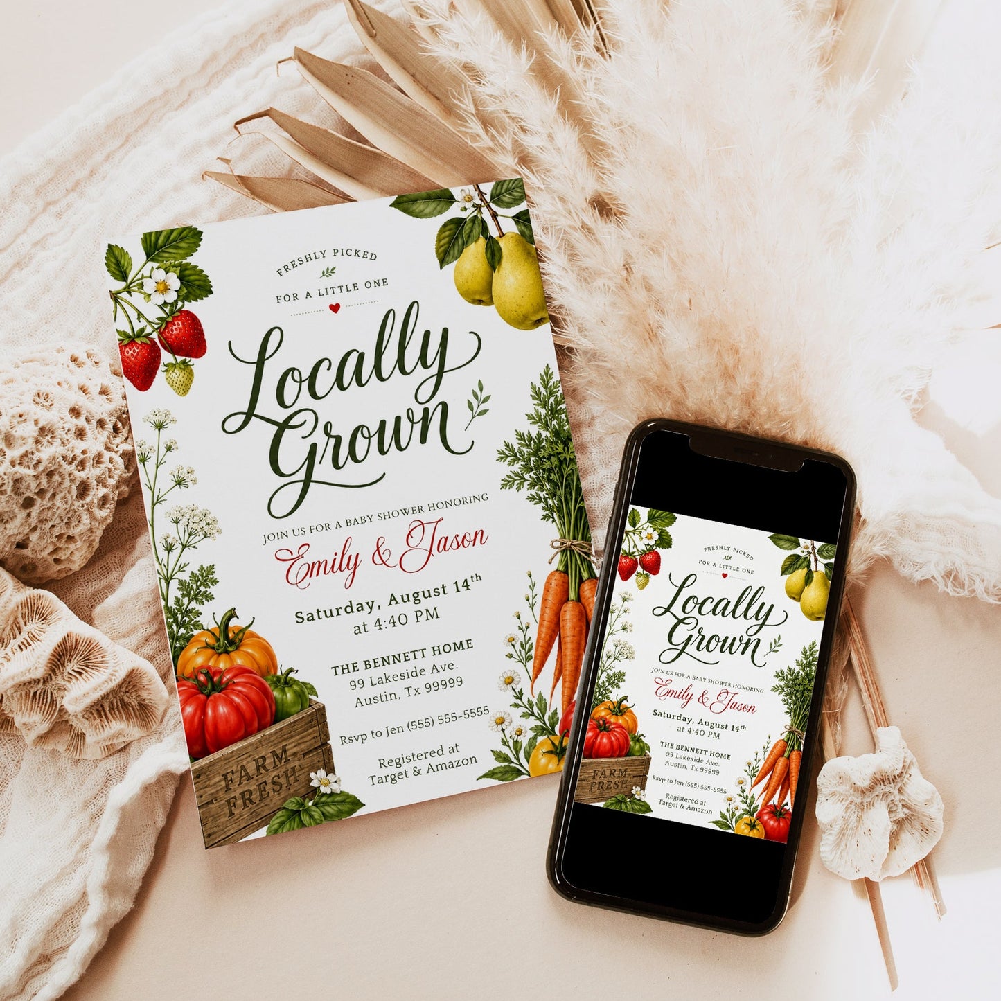 Locally grown baby shower invitation with garden vegetables, fruit, and a farm fresh crate in green, red, and orange