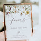 Wildflower baby shower favors sign template with watercolor meadow flowers in yellow, purple, and cream with calligraphy script, editable in Canva