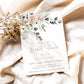 Blush floral and greenery bridal shower invitation template with watercolor roses and eucalyptus botanicals and rose gold calligraphy script, editable in Canva
