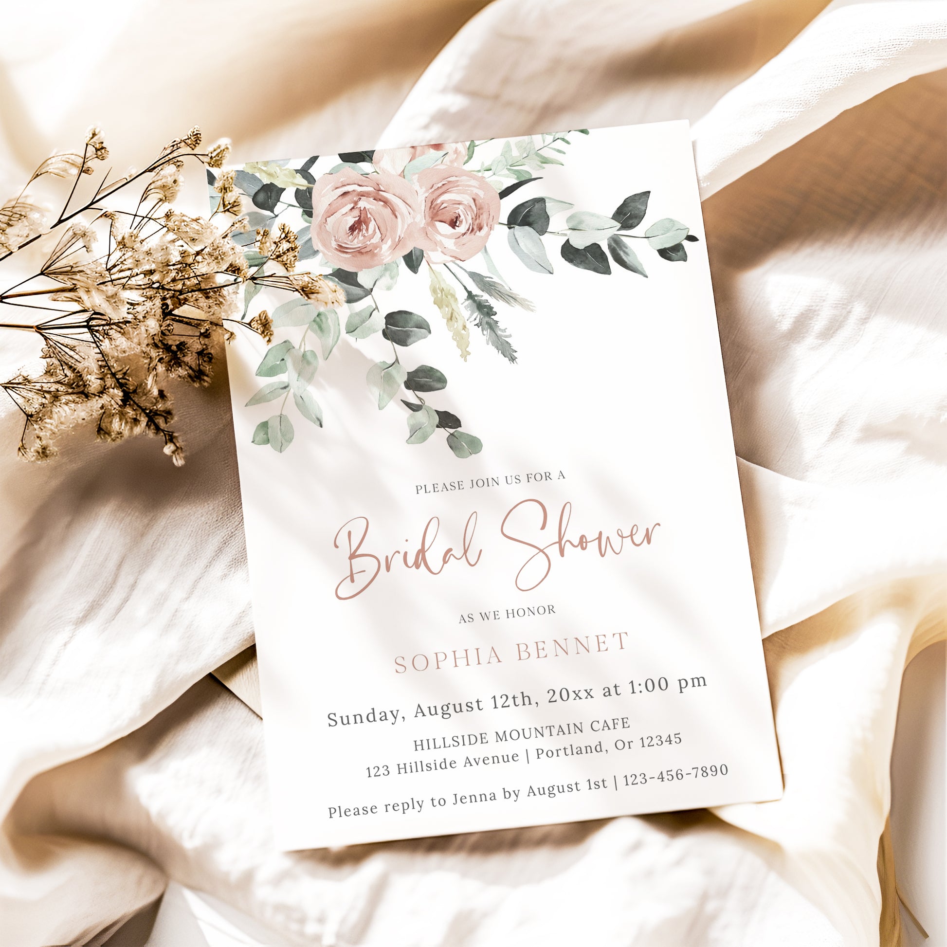Blush floral and greenery bridal shower invitation template with watercolor roses and eucalyptus botanicals and rose gold calligraphy script, editable in Canva
