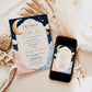 Twinkle twinkle little star gender reveal invitation with a moon, gold stars, and pink and blue clouds
