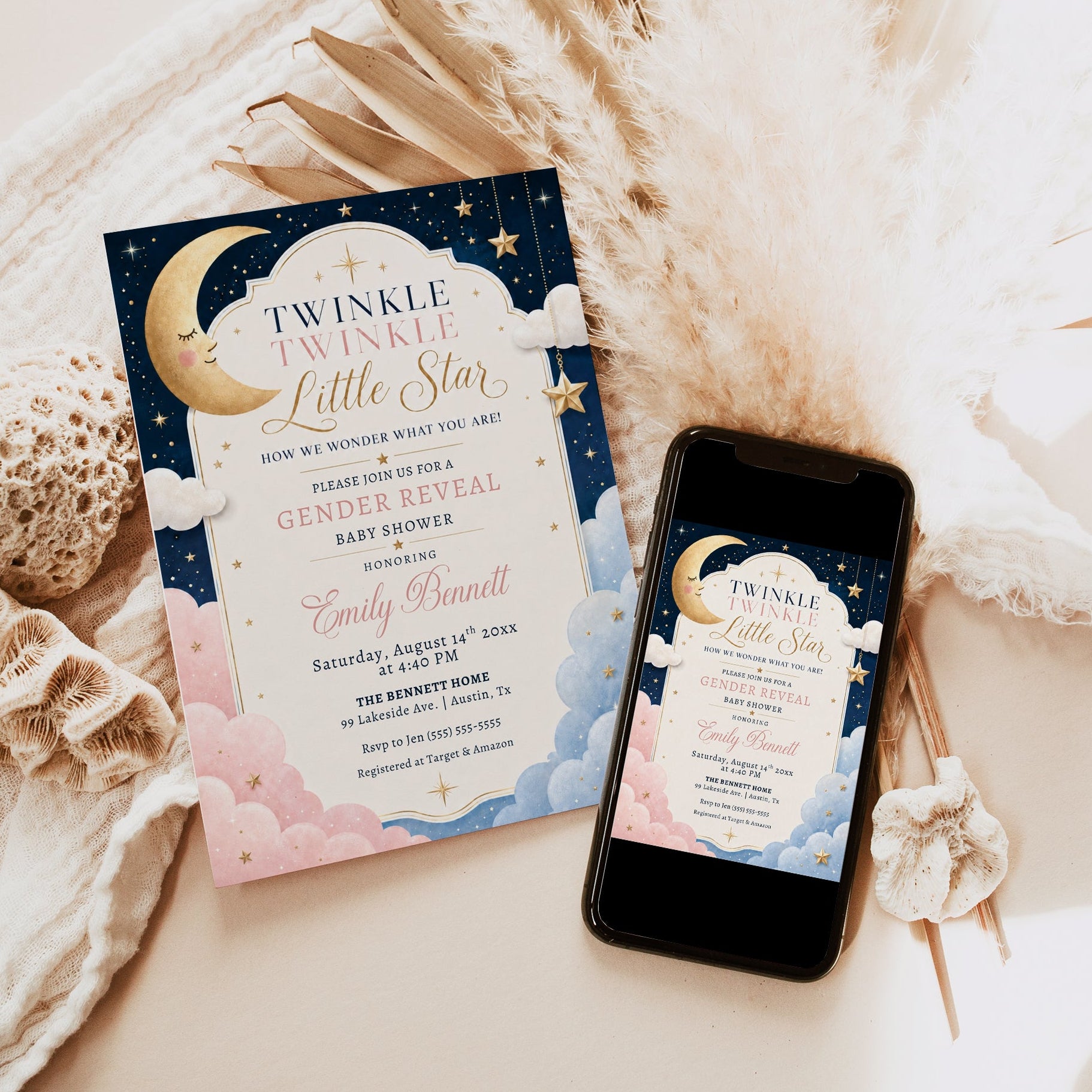 Twinkle twinkle little star gender reveal invitation with a moon, gold stars, and pink and blue clouds