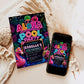 Neon Aloha pool party birthday invitation featuring a glowing pineapple, pink flamingo float, hibiscus flowers, palm trees and colorful tropical lights.
