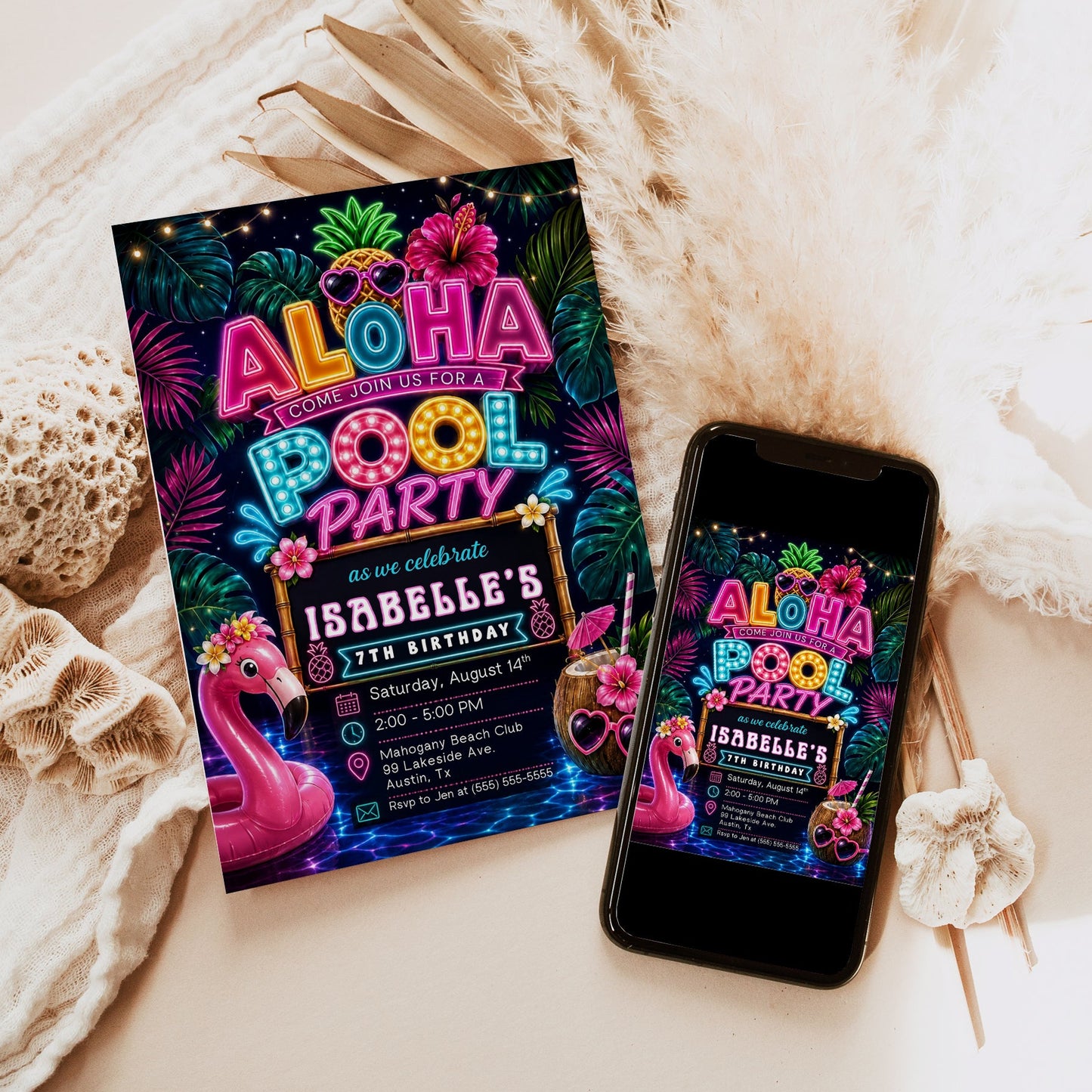 Neon Aloha pool party birthday invitation featuring a glowing pineapple, pink flamingo float, hibiscus flowers, palm trees and colorful tropical lights.
