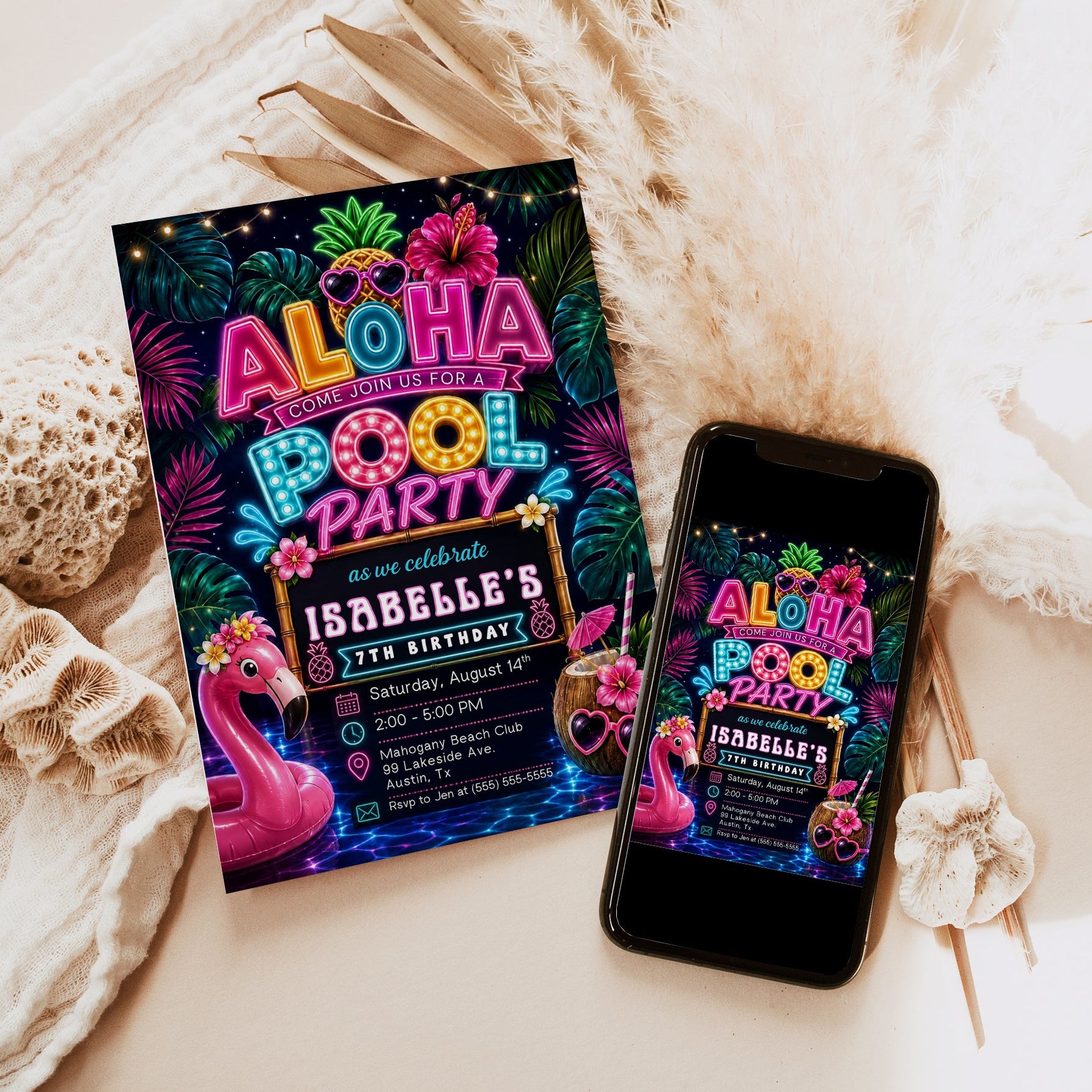 Neon Aloha pool party birthday invitation featuring a glowing pineapple, pink flamingo float, hibiscus flowers, palm trees and colorful tropical lights.
